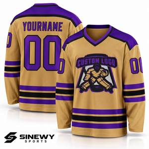 SINEWY SPORTS Jersey de Hockey sobre Hielo Personalizado para Hombre, Cuello Mao, Manga Larga, Color Dorado y Morado, Logotipo Sublimado, Absorbe la Humedad - Product Image 1