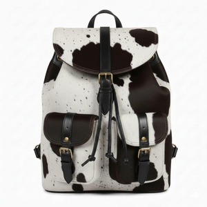 Premium Hair on Hide Style <b>Backpack</b> Women <b>Black</b> White Spotted Design Multi Pocket <b>Leather</b> Rucksack Wholesale - Product Image 3
