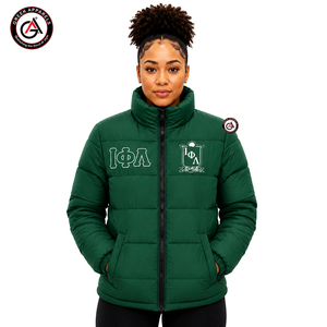 Blouson matelassé à col montant et à capuche, séchage rapide, motif lettres Iota Phi Lambda Sorority and Fraternity, personnalisable, vente en gros, collection printemps - Product Image 1