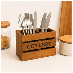 Wholesale Handcrafted Wooden Cutlery Holder 2-Compartment Rustic Silverware <b>Caddy</b> For Dining Table Eco-Friendly Wood Utensil - Product Image 2