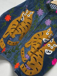Vintage <b>Navy</b> Blue Velvet Suzani Embroidered <b>Jacket</b> with Tiger Pattern Full Sleeve Stand Collar Bohemian <b>Women's</b> Winter Outerwear - Product Image 6