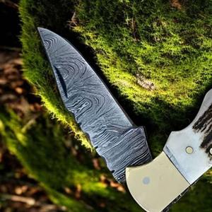 มีดพับเหล็กดามัสกัสทำมือแบบสั่งทำพิเศษ ด้ามเขาสัตว์ สไตล์คาวบอย - Product Image 6