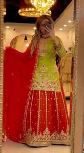 <b>Green</b> Embroidered <b>Silk</b> top plazzo With Red Lehenga Traditional Indian Pakistani Wedding Wear Women Floor Length Regular Fit - Product Image 5