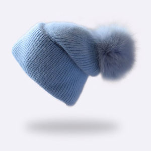 Gorro de Mohair de Invierno para Mujer, Gorro de Punto con Pompón, Suave, Color Azul Claro - Product Image 1