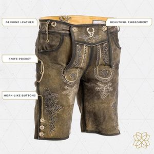 Pantalones de Cuero Bordados de Estilo Antiguo para Hombre, Talla Grande |   Pantalones Cortos de Cuero Bávaro con Aspecto Antiguo |   Disfraz Hecho a Mano para el Oktoberfest - Product Image 1
