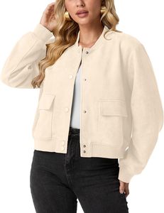 Cream Varsity <b>Jacket</b> Soft Bomber Women Coat Casual Baseball <b>Jacket</b> for <b>Lady</b> Fashion Pocket Design Button Up Sportswear Top New - Product Image 1