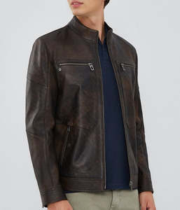 Veste en cuir véritable marron vintage pour homme, style motard, en peau de mouton véritable vieillie, coupe ajustée, décontractée, vêtement d'extérieur - Product Image 1