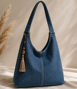 Full Custom Denim Zipper <b>Tote</b> <b>Bag</b> Embroidered Front Design Bottom Gusset Leather-look Handles for Custom Conference Exhibition - Product Image 3