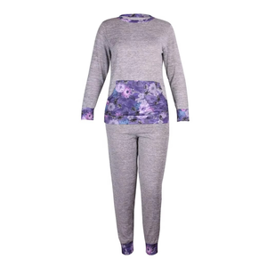 Conjunto Deportivo para Mujer, Talla Grande, Estampado Floral Gris, Manga Larga, Cuello Redondo, Informal, Otoñal, Material de Algodón y Spandex, Corte Regular - Product Image 1