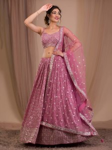 Pink Organza Lehenga Choli Beading <b>Sequins</b> Floral Print Traditional A-Line Floor-Length Bridesmaid Dress Sweetheart Neckline - Product Image 1