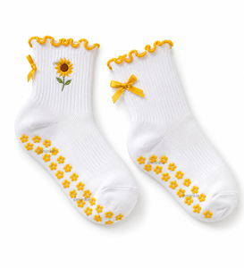 Chaussettes blanches pour femmes, broderie tournesol, bordure à volants, antidérapantes, respirantes, écologiques, pour le yoga et le quotidien, en coton tricoté - Product Image 1
