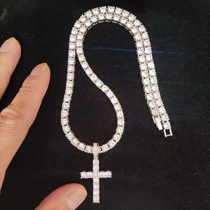 Chaîne de montre Miami Tennis en Moissanite VVS 14 mm à deux rangs, avec croix en diamant, en argent 925 certifié, écologique, style Hip Hop - Product Image 1