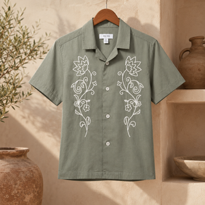Premium Casual Mens Ivory Cotton Shirt Half Sleeve Floral Embroidery Button <b>Down</b> Resort Shirt - Product Image 3
