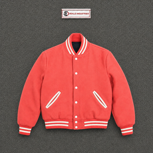 CLASSIC <b>RED</b> VARSITY BOMBER JACKET Men's Casual Fleece Zipper Front Solid Color Turn-down Collar Regular Fit Autumn Wear SNAP BUT - Product Image 5