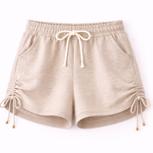 Shorts pour femmes à taille haute, couleur beige unie, taille élastique, coupe ample avec poches, style décontracté, tissu en coton tricoté, cordon de serrage - Product Image 6