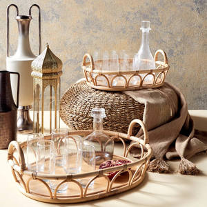 Rustic Modern Arched <b>Railing</b> Oval Rattan Tray <b>Hand</b>-Woven Storage Platter With Flat Wood Bottom For Living Room Setup - Product Image 4