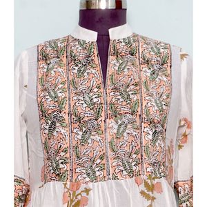 เดรสลำลองทรงเอไลน์ คอวี แขนพอง ลายพิมพ์บล็อกด้วยมือสำหรับผู้หญิง ไซส์พลัส กระดุมผ่าหน้า ความยาวระดับข้อเท้า เอวธรรมชาติ - Product Image 2