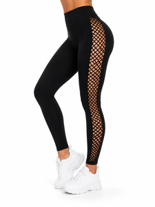 Leggings noirs taille haute pour femmes avec panneau latéral en résille – Pantalon de fitness extensible et tendance - Product Image 1