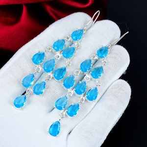 Boucles d'oreilles pendantes en argent sterling avec pierre précieuse topaze bleue, style bohème vintage, design géométrique, pour femmes, haute qualité - Product Image 3