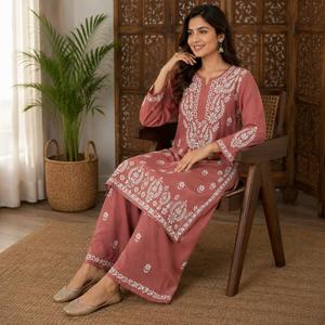 Elegant Women Dusty Rose <b>Chikankari</b> Hand Embroidered Straight <b>Kurti</b> with Matching Palazzo Set Ethnic Floral Suit - Product Image 3