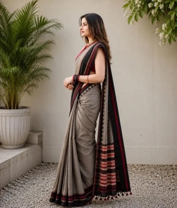 Sari Gris Jethu de Algodón Puro para Mujer de K V INTERNATIONAL - Secado Rápido, Sin Arrugas, Absorbe la Humedad, Informal, para Bodas/Fiestas de Otoño - Product Image 4