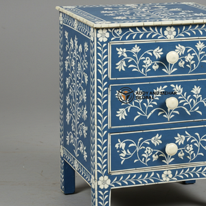 Mesa de Noche de Lujo con Incrustaciones de Hueso Azul, Ecológica, Moderna, Hecha a Mano, con Diseño Floral y 2 Cajones para Dormitorio - Product Image 3