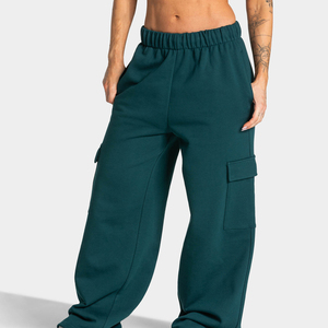 Women's Loose <b>Cargo</b> <b>Pants</b> Teal <b>Green</b> Elastic Waist Fleece Full Length Casual Utility Pockets Autumn Wear - Product Image 1