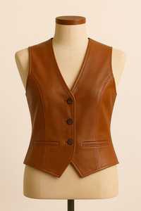 Chaleco Vaquero de Cuero Marrón y Blanco con Cremallera, Hecho a Mano con Pelo de Vaca, Estilo Western, para Mujer - Product Image 4