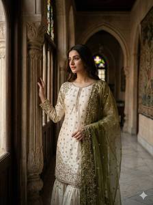 Ensemble Kurta et pantalon traditionnel indien pakistanais pour femmes, avec dupatta vert, coupe ample, longueur au sol, tenue de mariage - Product Image 2