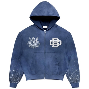 Sweat à capuche zippé pour homme, coupe ample, en coton premium de haute qualité 420 g/m², style streetwear personnalisé, orné de strass brillants. - Product Image 2