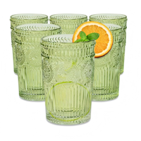 Gelas Minum Hijau Bergaris Vintage, Hijau Sage, Motif Bunga Matahari Timbul Mewah, Dapat Digunakan Kembali, Kapasitas Besar, Aman untuk Mesin Cuci Piring dan Microwave