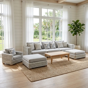 New Modern Minimalist Rattan Living Room Sofa Set Luxury Outdoor <b>Patio</b> Garden Sectional Lounge Seating Cushions Teak Wood Coffee - Product Image 4