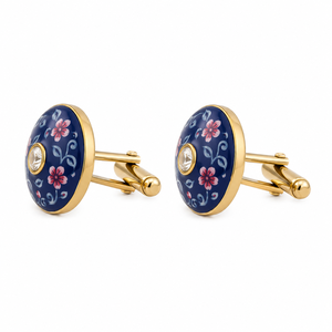 Mancuernillas de lujo personalizadas de latón con diseño floral estilo cerámica azul de Jaipur, botón de cristal esmaltado para blazer, sherwani y traje de hombre - Product Image 1