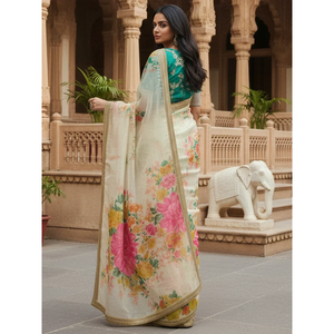 Women's Floral Printed Organza Festival Saree <b>Set</b> with Blouse Embroidery Summer - Product Image 3
