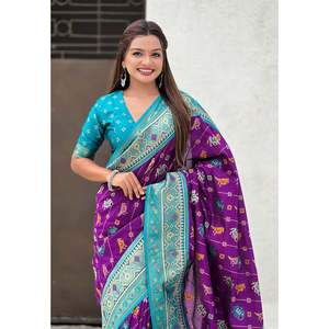 ผ้าไหมสีม่วงเนื้อนุ่มลายทอแบบ Zari ยี่ห้อ Elite Weaves รุ่น Patola Leheriya พร้อมลายทอแบบตัดกัน  ผ้าซารีสำหรับงานกลางคืนสุดหรู - Product Image 2