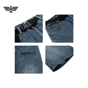 Shorts en jean taille haute pour homme, coupe large, décontracté, été, en coton tricoté, délavé foncé, respirant, déchiré, avec ceinture, style streetwear - Product Image 6