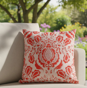 Traditional Damask and Floral <b>Print</b> Square <b>Cushion</b> Cover in Cream and Coral Red, Ready Stock Available18X18 - Product Image 2