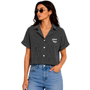 Camisa corta a rayas blancas y negras personalizada para mujer, logotipo bordado personalizado, blusa informal de verano con botones y manga corta, OEM - Product Image 1
