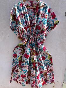 Women's Floral Print 100% Cotton Maxi <b>Kaftan</b> Dress V Neck Batwing Sleeves Drawstring Eco-Friendly <b>Beach</b> Cover-Up Resort Lounge - Product Image 1