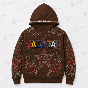 เสื้อฮู้ดดี้ผู้ชายสีน้ำตาลลายกราฟิกประดับเพชรเทียม ซิปหน้า สไตล์สตรีทแวร์ พรีเมียม ปักลายฮิปฮอป แฟชั่น - Product Image 4