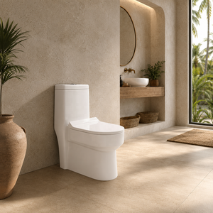 Inodoro de una pieza alargado con descarga por gravedad, montaje en suelo, moderno, con sifón en P, ecológico, fácil de limpiar, de cerámica para baño - Product Image 2