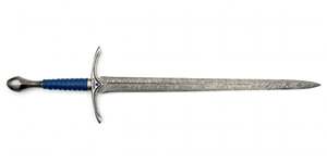 Handcrafted Damascus Steel Display Piece Engraved Crossguard Blue <b>Leather</b> Wrapped Handle - Product Image 3