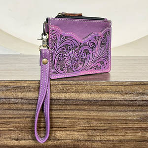 Cute Purple <b>Leather</b> <b>Tooled</b> Floral Zipper Credit Card Holder Clutch Genuine <b>Leather</b> Multifunctional Unisex Everyday Coin <b>Pouch</b> - Product Image 3