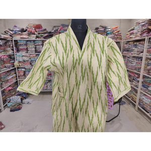 Chemisier décontracté pour femme en mélange de coton, col en V, motif géométrique vert, style kimono, respirant, haut d'été, tissé à la main, point ouvert, cadeau - Product Image 4