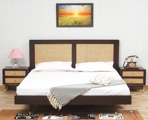 Modern Rattan Headboard <b>Bed</b> Frame Wooden Bedstead Black and Natural Panel <b>Bed</b> for Hotel Home Bedroom - Product Image 3
