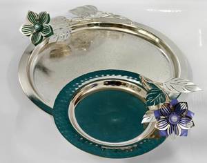 Best-Selling Floral Decorative Chip & Dip <b>Tray</b> Polished Metal Green Blue Accents Residential Use Serving Chip and Other <b>Snacks</b> - Product Image 1