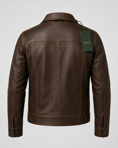 Veste en cuir véritable pour homme RITS, marron, col rabattu, décontractée, coupe classique, fermeture à boutons, vente en gros - Product Image 5