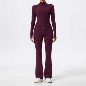 Conjunto de yoga de 2 piezas sin costuras para mujer, leggings de cintura alta y largo completo, cuello alto, cremallera frontal, manga larga, para gimnasio, fitness y entrenamiento - Product Image 2