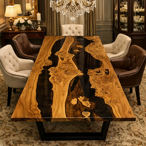 Mesa de Comedor con Borde Natural y Resina Epoxi, Mesa de Madera Negra, Mesa de Comedor de Lujo Hecha a Mano, Muebles Rústicos Modernos, Mesa de Tamaño Personalizado - Product Image 1