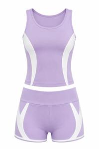 Ensemble de yoga 2 pièces uni pour femme grande taille, comprenant un crop top sans manches à dos nageur et col rond, et un short taille haute avec bordure contrastante - Product Image 6